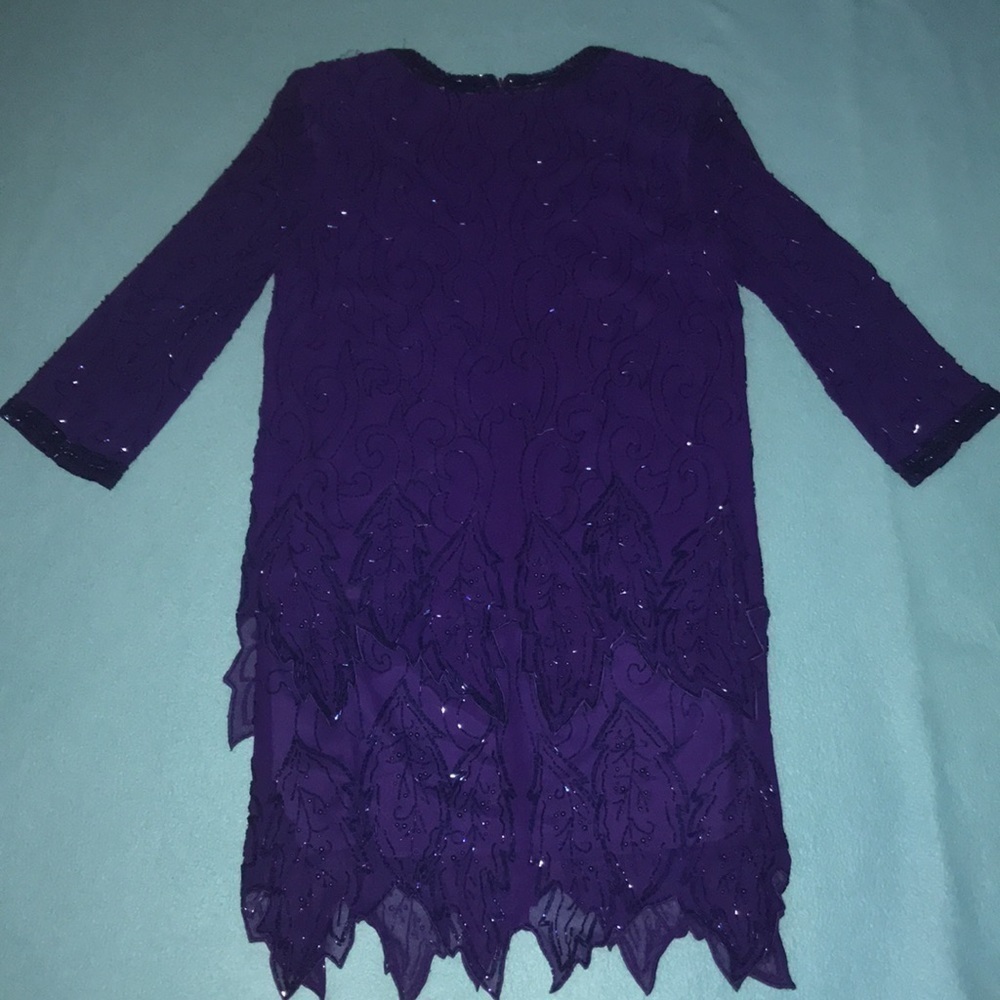 MORGAN TAYLOR Evening dress silk beaded long sleeve V-neck vintage size 8 - Picture 2 of 12